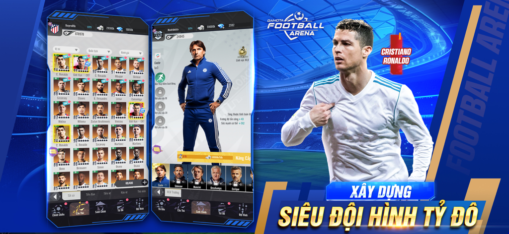 Football Arena: Vua Bóng Đá - Football Arena Vua Bong Da mobile game interface showing soccer player card collection and manager selection