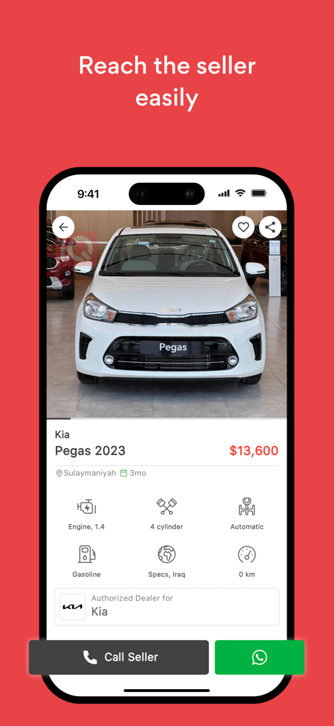 iQ Cars - سوق سيارات العراق - A car listing for a Kia Pegas 2023 on the iQ Cars mobile app featuring buttons to call or WhatsApp the seller