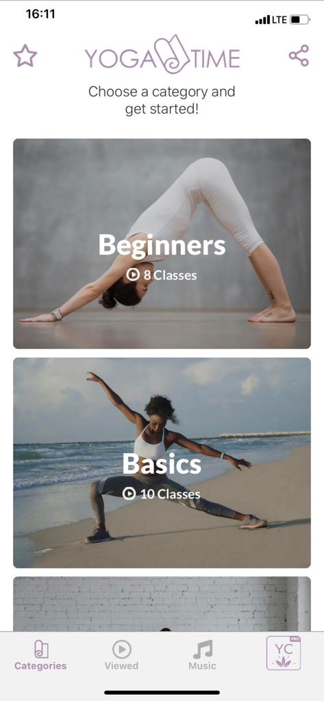Yoga Time: For Beginners & All - The home screen of the Yoga Time app displaying video categories for beginners and basic yoga classes with instructional imagery.