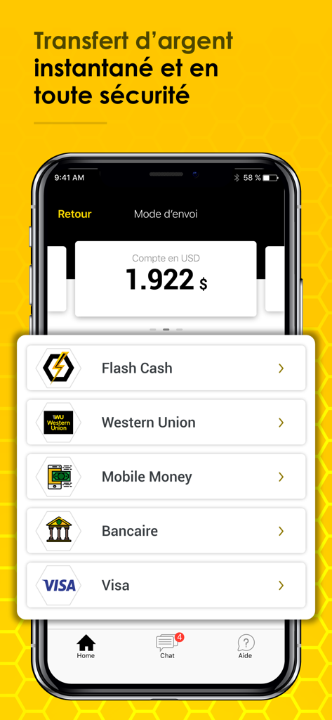 FlashApp - FlashApp mobile interface showing secure money transfer options like Western Union and Mobile Money