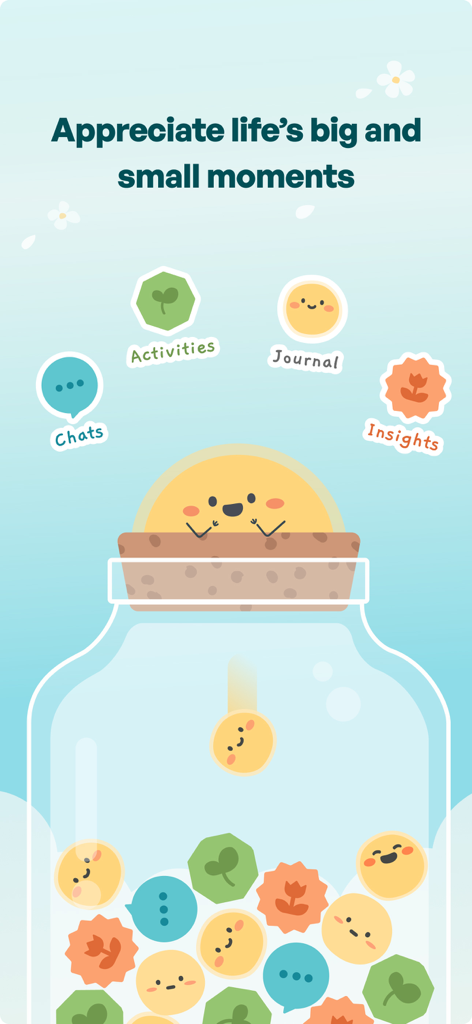 Flourish: 24/7 Wellness Buddy - ウェルネスアクティビティ、ジャーナル、Sunnieとのチャットのアイコンが入ったガラス瓶