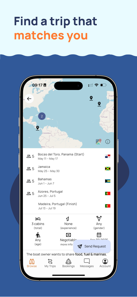Itinéraire de voyage à voile dans l'application Yacht Cabin montrant une carte et un itinéraire du Panama au Portugal.