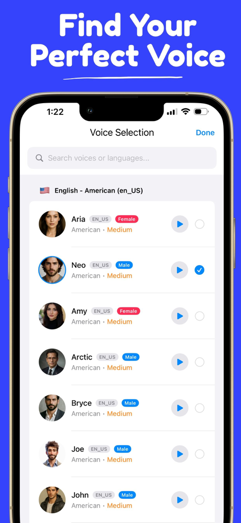 Text to Speech – TTS - Tela de seleção de voz no aplicativo Texto para Fala mostrando uma lista de vozes de IA com avatares e rótulos de gênero
