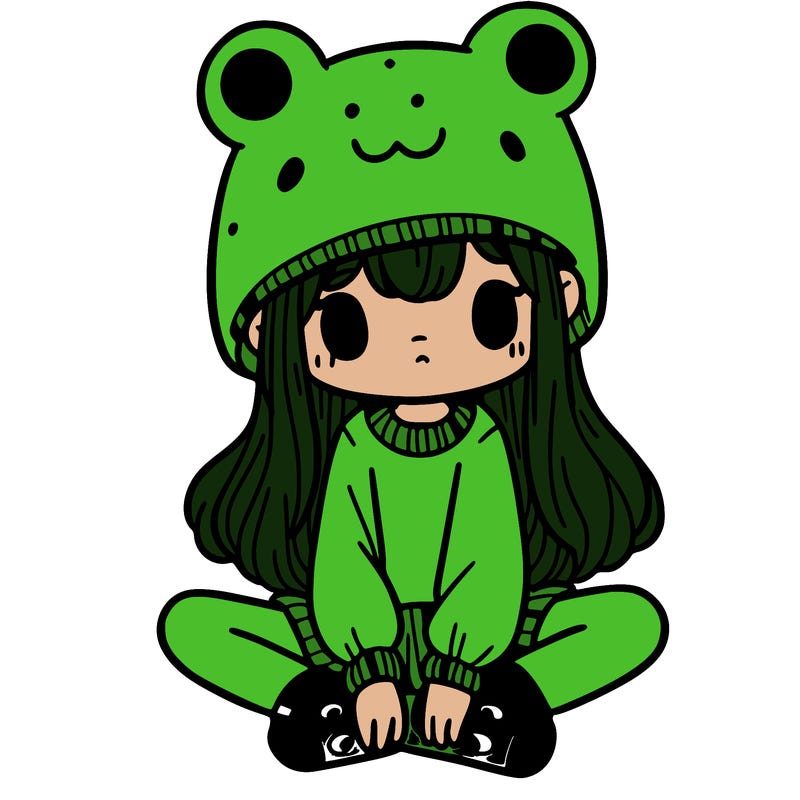 a girl wearing a frog hat and some frog socks