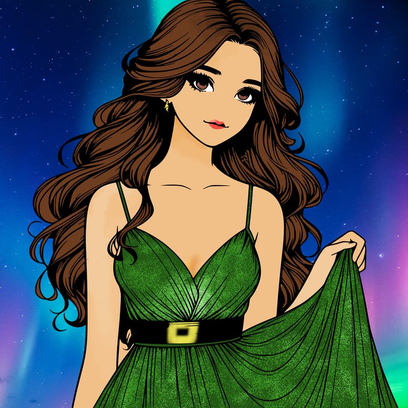 realistic girl in flowy silky prom dress