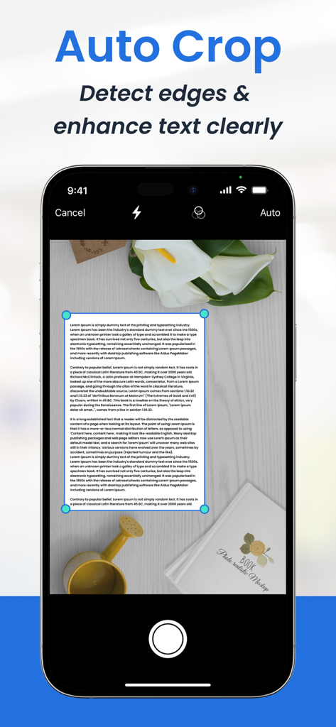 Smartphone screen showing the auto crop and edge detection feature of the Mobile Scanner App on a document