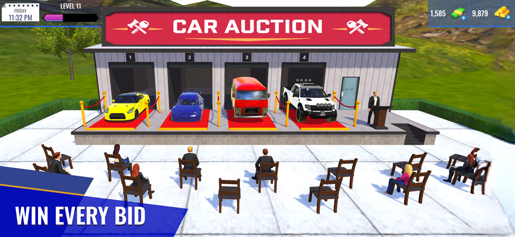 Car Sales Simulator 25 - Una escena de subasta de coches en directo en el juego, con varios vehículos y una audiencia pujando por coches.