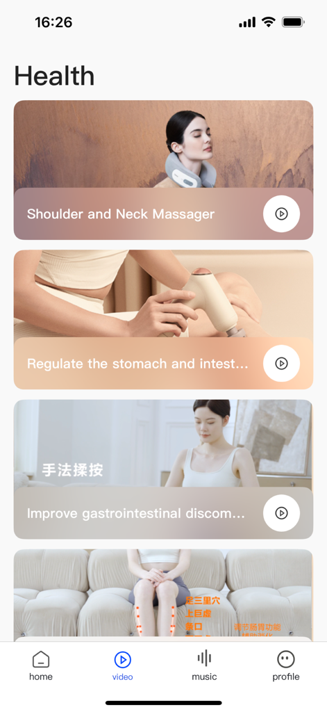 breo - Breo app health screen displaying a library of massage video tutorials for neck shoulder and wellness care