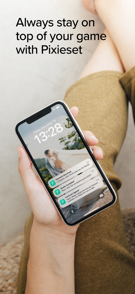 Pixieset – Studio Manager - Smartphone screen with notifications for client payments and signed contracts.