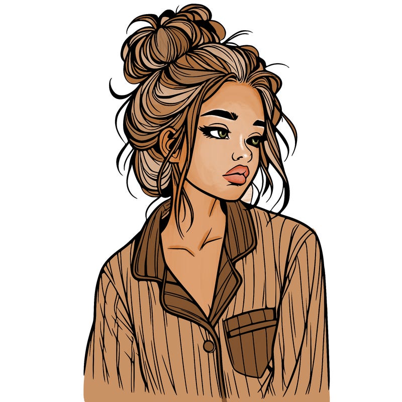 realistic woman with pajamas on and a messy bun