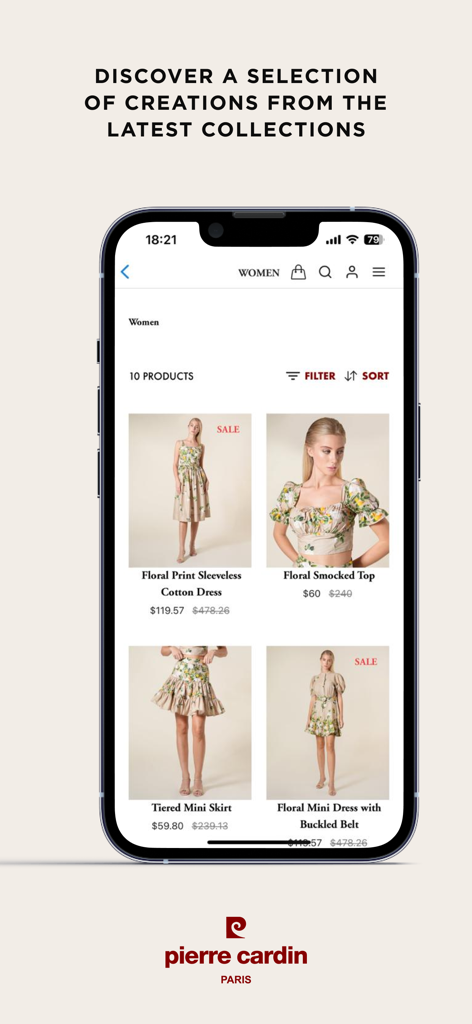 Pierre Cardin Paris - Pierre Cardin Paris mobile app interface showing floral women dresses and tops from the latest collection