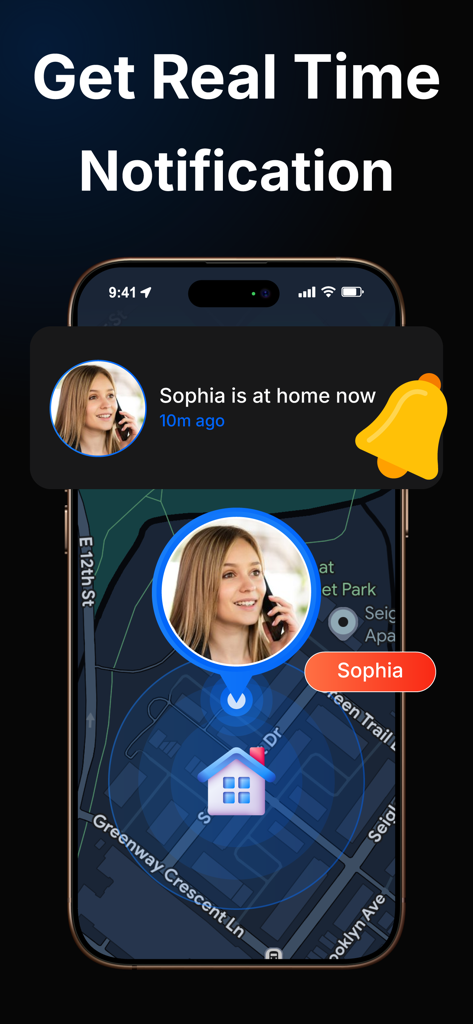 自宅の連絡先の場所を地図上に示すリアルタイム通知を表示するスマートフォンインターフェース