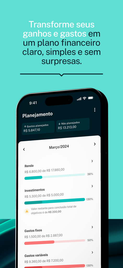 S1NC: Planejamento Financeiro - Smartphone screen showing the S1NC app dashboard with monthly budget categories like income, investments, and expenses including progress tracking bars