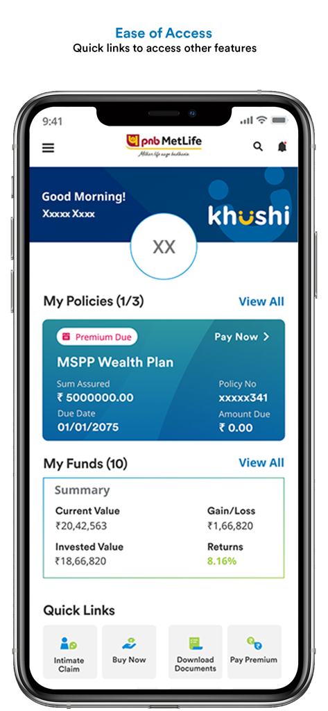 khUshi - A screenshot of the khUshi mobile app dashboard showing insurance policy details and fund performance summary.