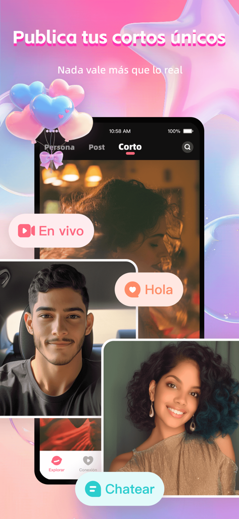 SeeTa: Corto, En vivo, Familia - Tela do aplicativo SeeTa exibindo vídeos curtos e recursos de chat social