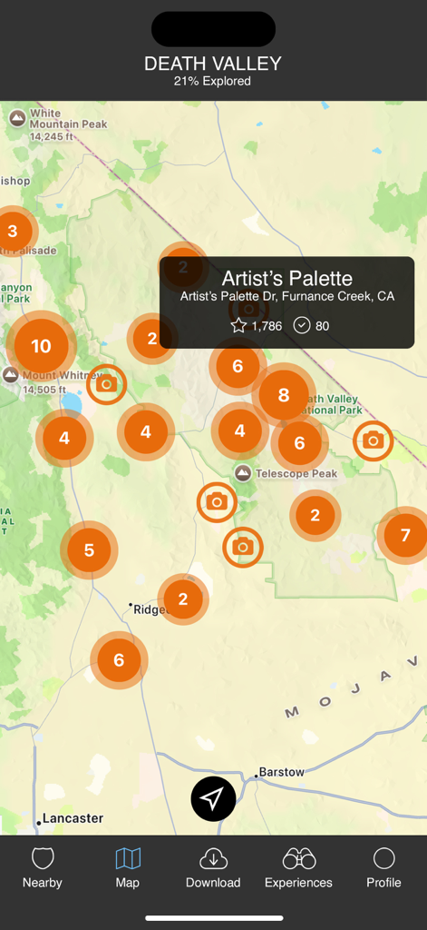 Death Valley Offline Guide - An offline map interface showing various photography locations and the Artist's Palette attraction in Death Valley National Park.