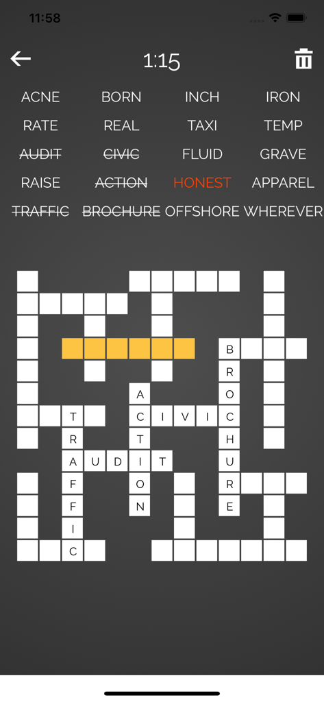 Word Fit : Fill-it-in - A word fit puzzle game screen showing a crossword style grid with several words filled in and a word list at the top