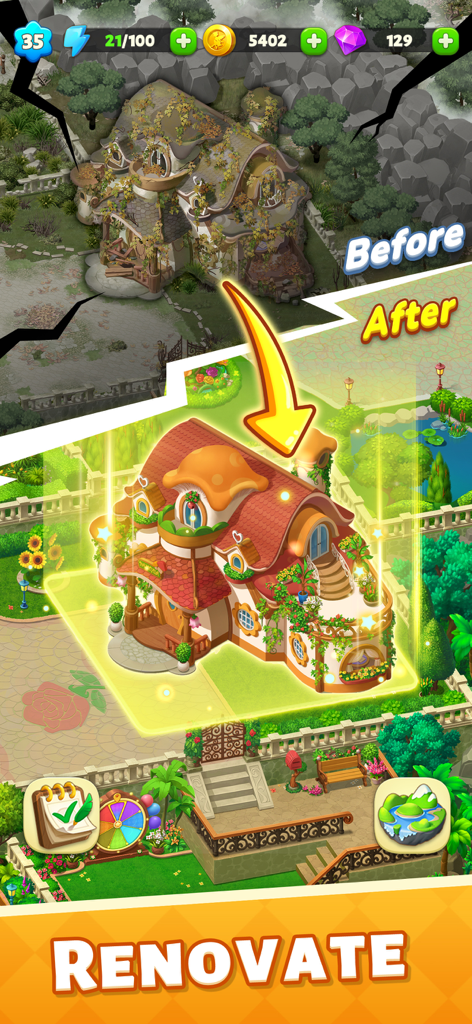 Panthia®: Magic & Merge Game - パンティア・マジック＆マージゲームでの家のリフォームの、ビフォーアフター比較