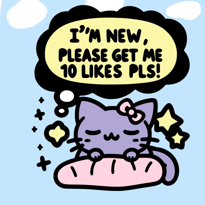kitty taking a nap dream talking and saying "i'm new, please get me at least 10 likes pls!!"