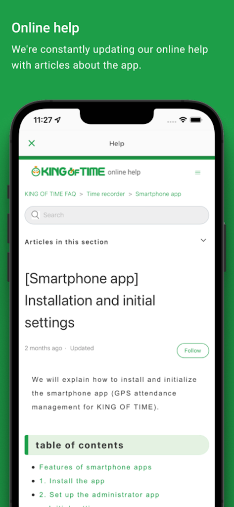 Smartphone screen showing the Clock-in KING OF TIME online help page with installation instructions