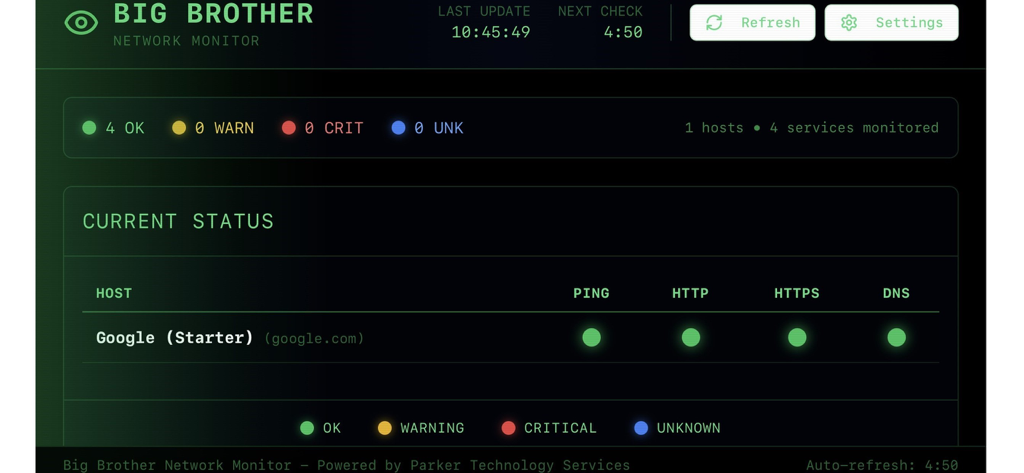 Painel do aplicativo Big Brother Network Monitor mostrando indicadores de status verde para serviços Ping HTTP e DNS