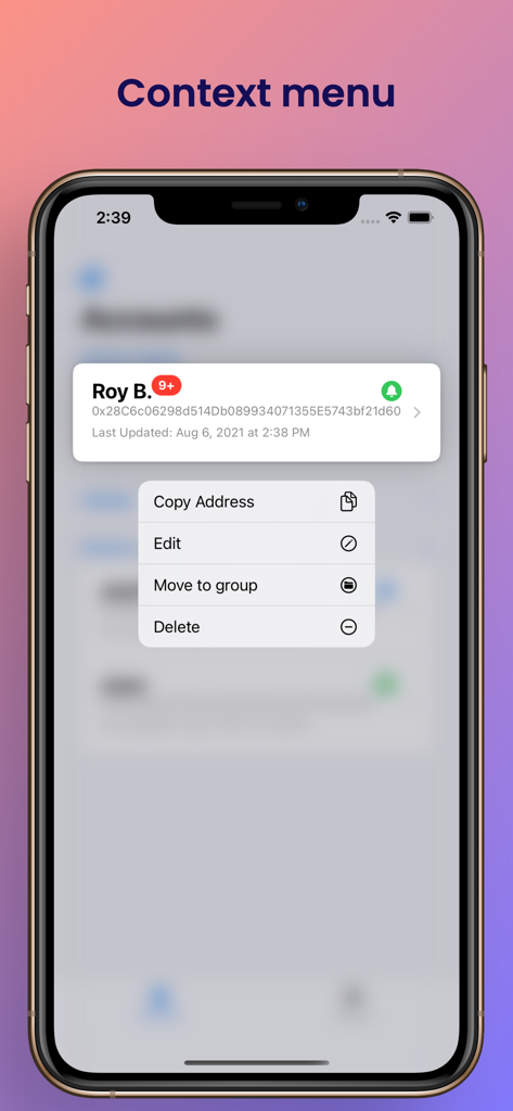 Ethereum Wallet Tracker - Ethereum Wallet Tracker app showing a context menu with options to copy, edit, move, or delete a wallet address.