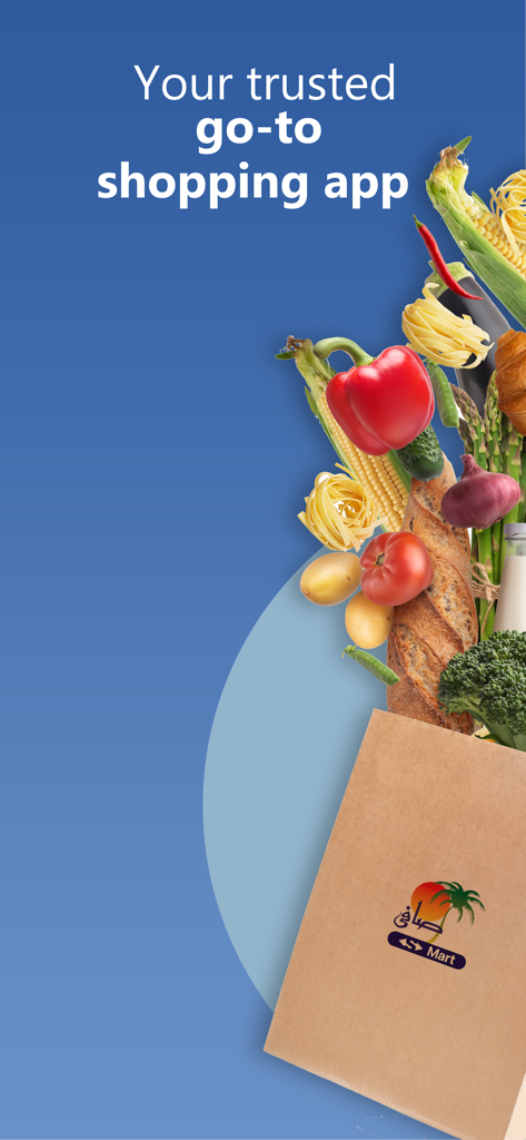 Safi صافي - Safi Mart shopping app showing a variety of fresh vegetables and bread in a paper grocery bag