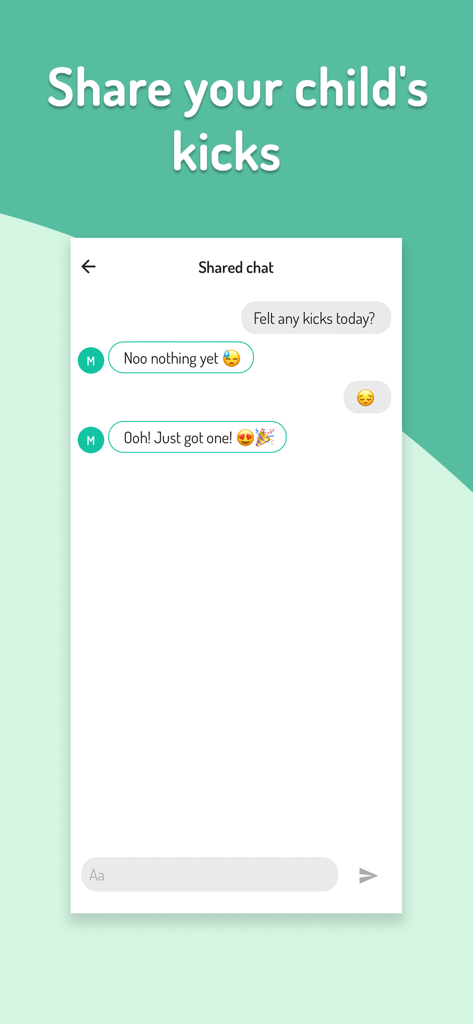 Time for baby - Kick counter - Time for babyキックカウンターアプリの共有チャットインターフェース、パートナー間の赤ちゃんの動きに関する会話を表示