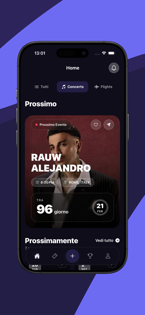 FunTicket - custom tickets - FunTicket app home screen featuring a Rauw Alejandro concert ticket in Rome with a countdown.