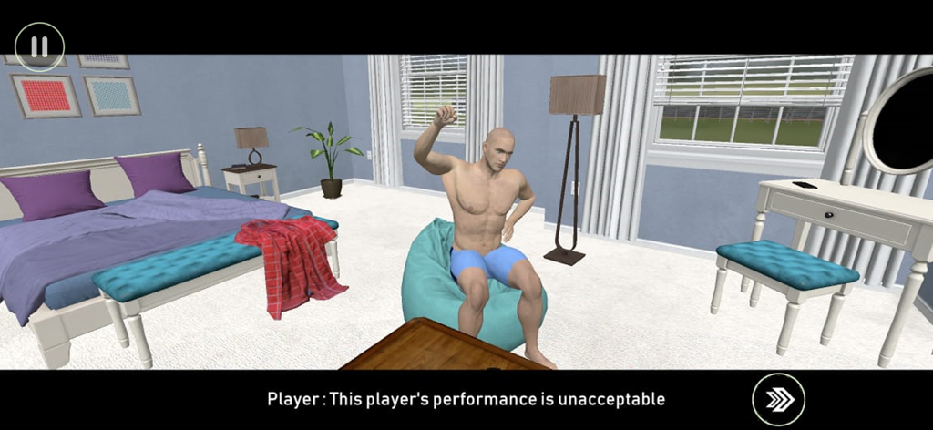 Javelin Throw Game 3D - A 3D male athlete character sitting in a bedroom during a narrative sequence