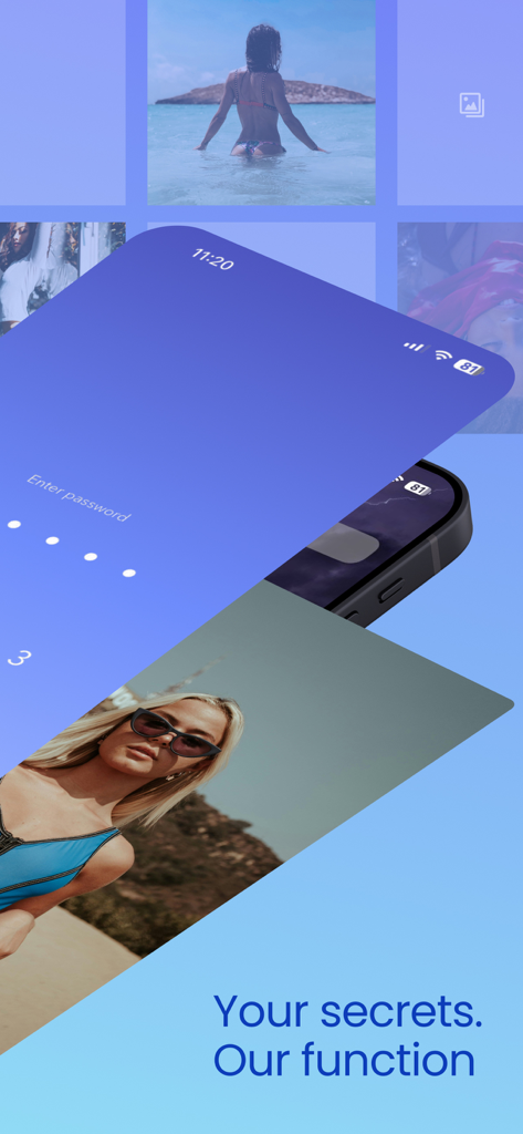 Calculator Vault Private Photo - PIN lock screen of the Calculator Vault app displayed over a private photo gallery with the text Your secrets Our function