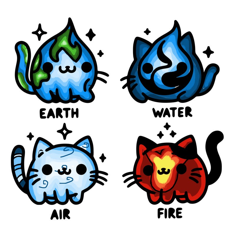 4 cats that represent the different elements, earth, water, air, and fire