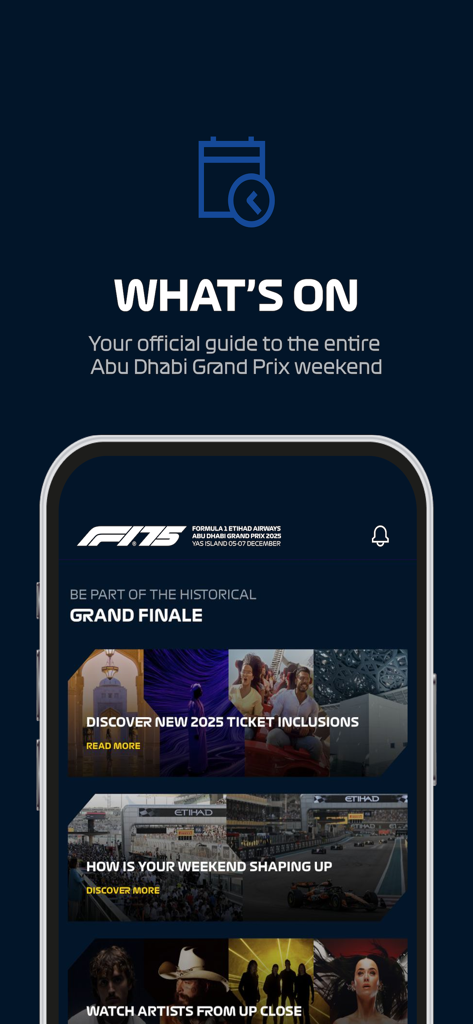 Abu Dhabi GP - Abu Dhabi GP app screen displaying the What is On section with race weekend schedules and concert information