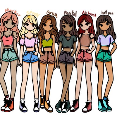 a group of girls wearing crop tops and shorts