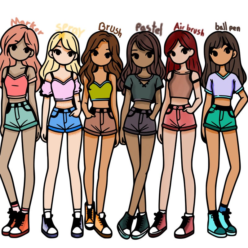 a group of girls wearing crop tops and shorts