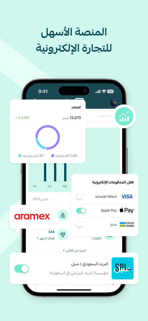 Salla mobile app interface showing store analytics payment integrations and shipping options