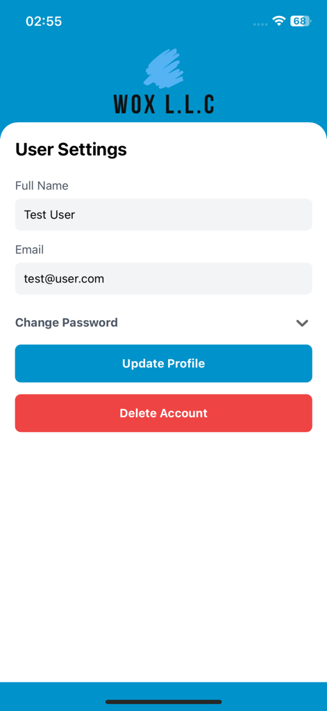 wowo - WOX - Benutzereinstellungen-Bildschirm in der wowo-App mit Feldern für Name und E-Mail sowie Optionen zum Aktualisieren des Profils oder zum Löschen des Kontos
