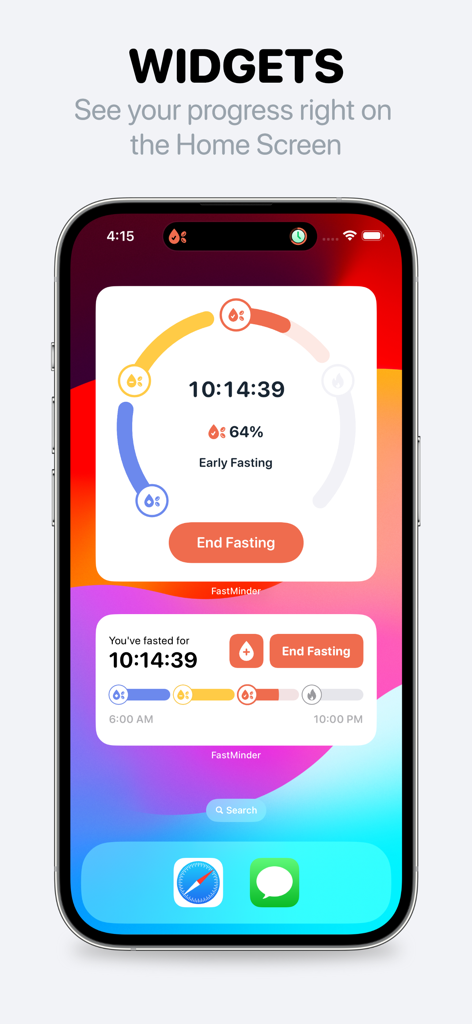 Easy Fast Tracker－FastMinder - Widgets do aplicativo de jejum intermitente FastMinder na tela inicial do iPhone mostrando progresso do jejum e ações rápidas