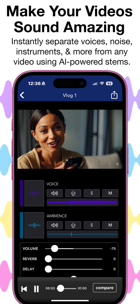 Interfaz de la aplicación Video Audio Splitter MSV Remix mostrando separación de pistas con IA de voz y ambiente con controles de efectos de audio