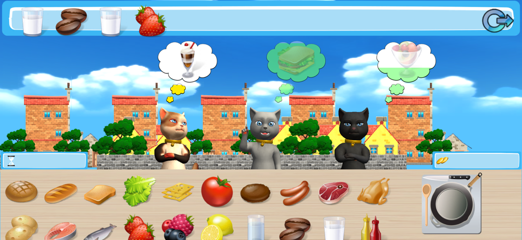 Talking Baby Cat Max Pet Games - Three cats ordering food in a cooking mini game with various ingredients on a kitchen counter.