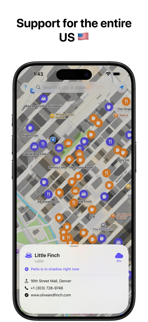 SunnyPints - SunnyPints app interface displaying a city map with orange and purple icons indicating sun or shade for outdoor seating