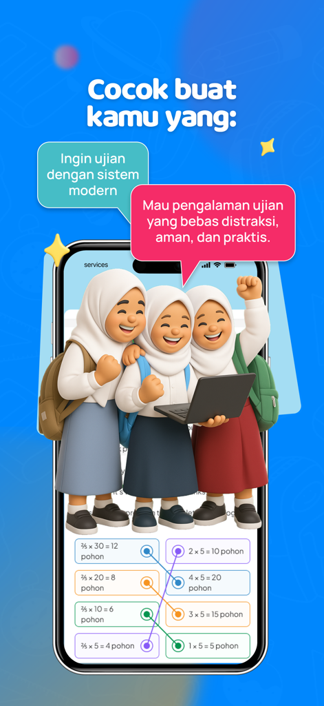 Pijar Sekolah: Siswa - Happy Indonesian students using the Pijar Sekolah app for a secure and modern digital exam experience.