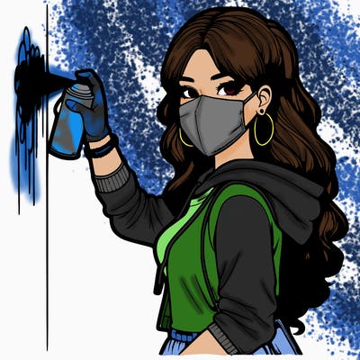 realistic girl with mask spray painting a wall
