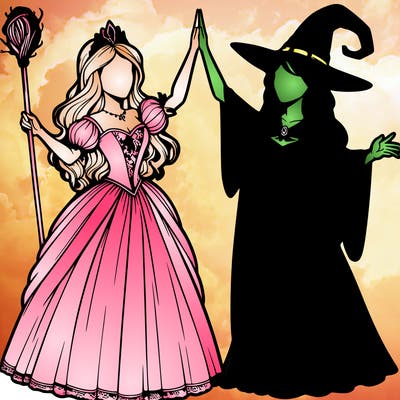 detailed realistic split of a princess and a witch