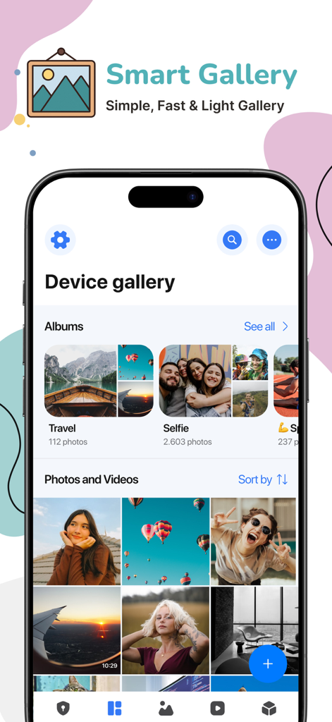 Smart Gallery app interface showing organized photo albums and a grid view of images and videos