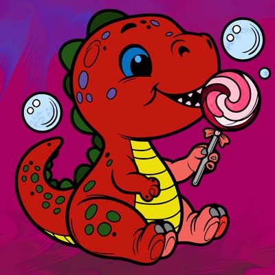 dinosaur holding lollipop and blowing bubbles