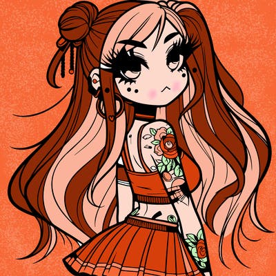 cool anime girl long hair half up in a bun has tattos and big eyelashes with some piercings not many wearing a short skirt and tank top