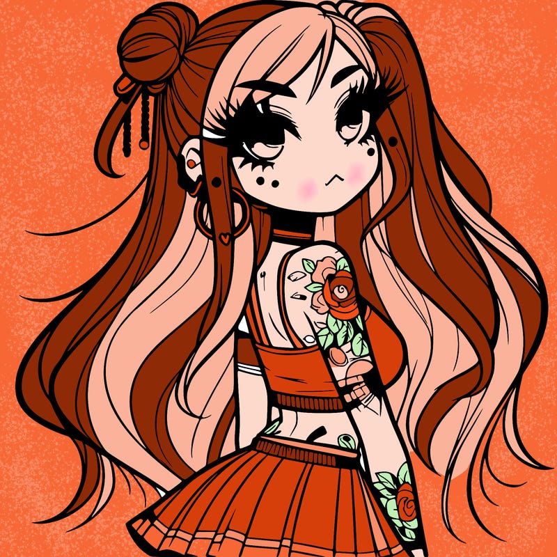 cool anime girl long hair half up in a bun has tattos and big eyelashes with some piercings not many wearing a short skirt and tank top
