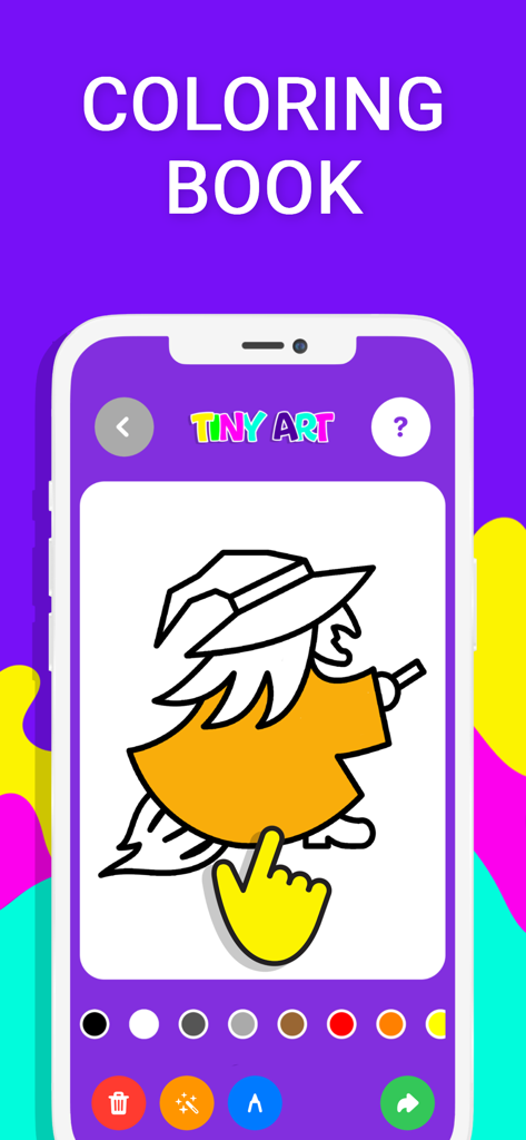 Drawing for kids Tiny Art - Tiny Artアプリのインターフェースで、子供向けのデジタルぬりえで魔女に色を塗っている画面が表示されている