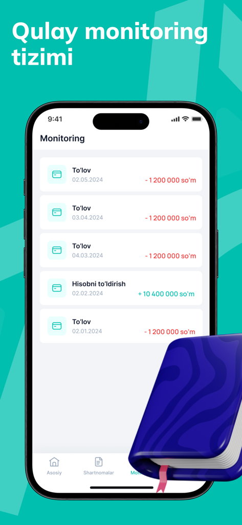 A smartphone displaying the transaction history and payment monitoring screen of the Asaxiy Nasiya app